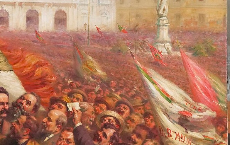 imagem de um quadro antigo que mostra uma grande multidão na Praça do Município em Lisboa