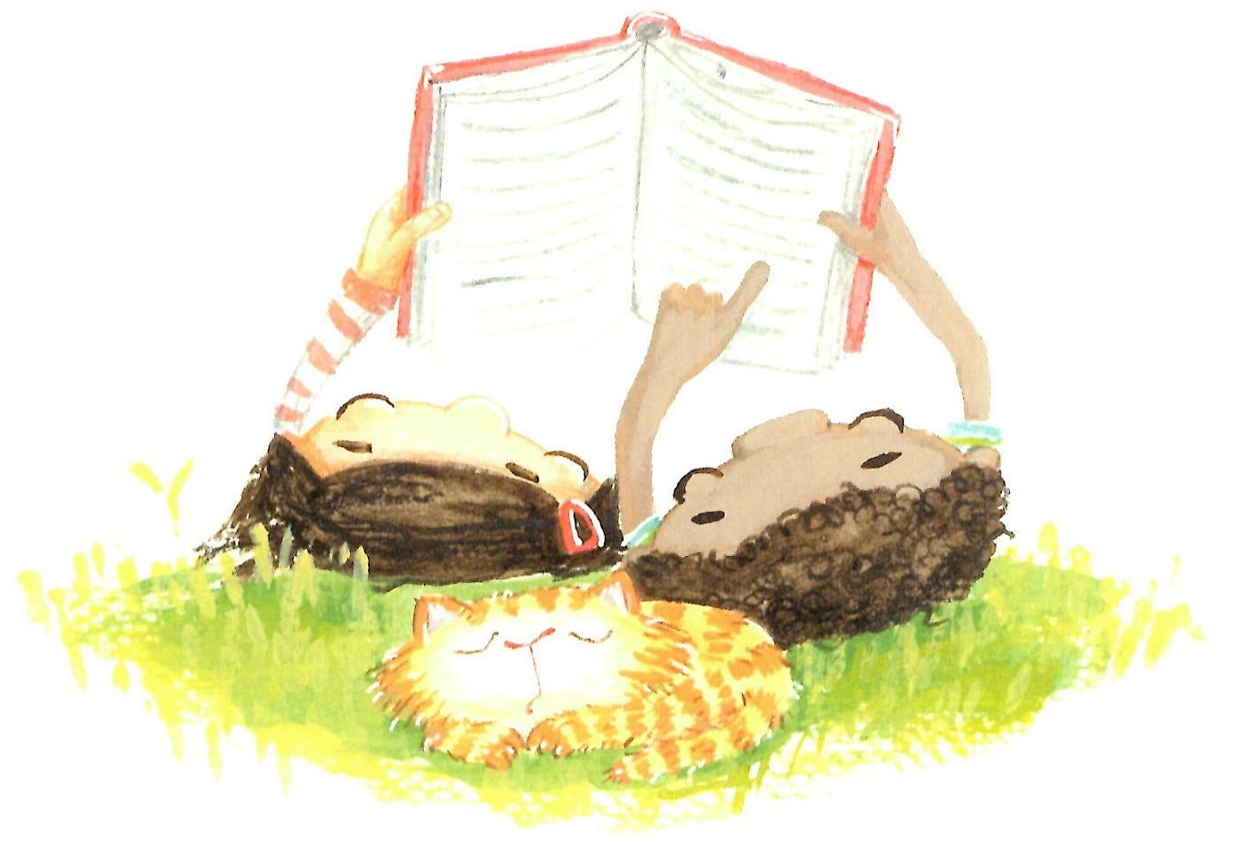 ilustração de duas crianças deitadas a ler um livro