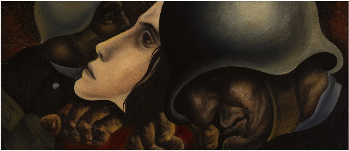 Pintura horizontal onde se destaca ao centro o rosto de uma mulher, ladeado por duas figuras masculinas de capacete.