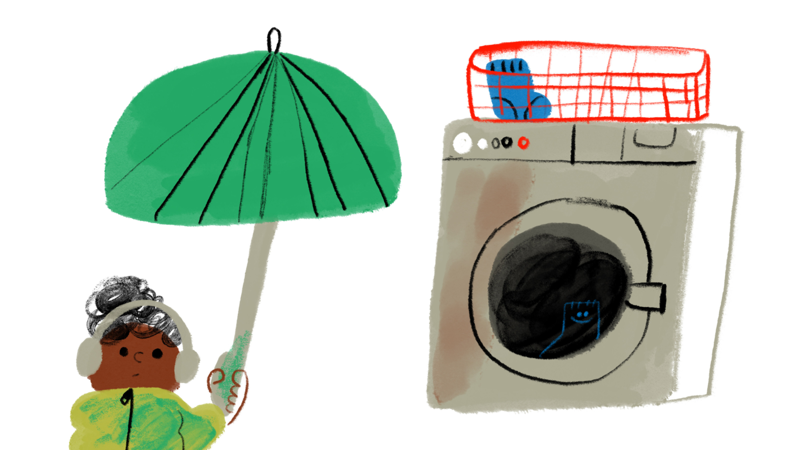 Ilustração de criança com um chapéu de chuva aberto ao lado de uma máquina de lavar roupa