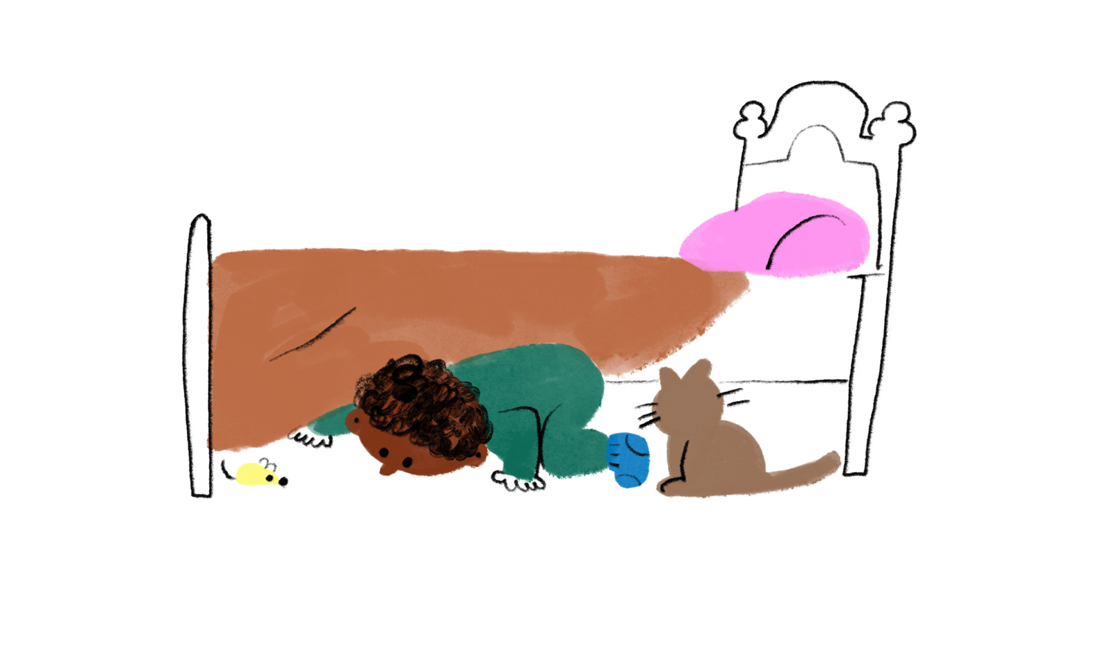 Ilustração de personagem a espreitar a parte de baixo de uma cama